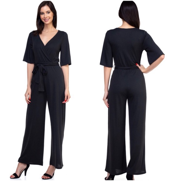 Ribbed wide leg jumpsuit in black - Picture 3 of 9